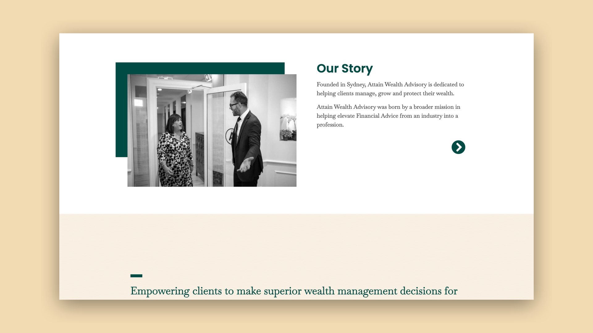 Website Our Story page with a photo of two people entering a building