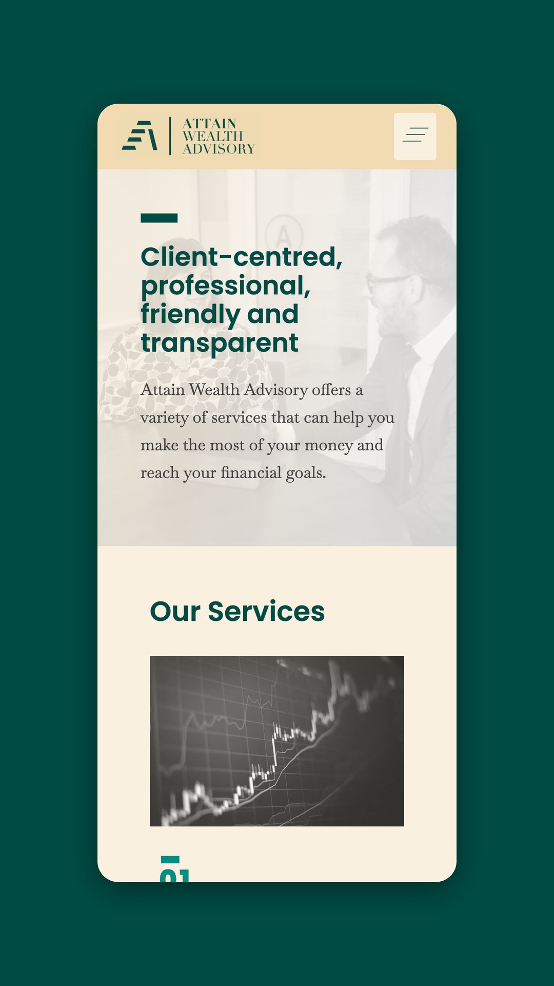 Mobile view of the homepage with the line Client-centred, professional, friendly and transparent