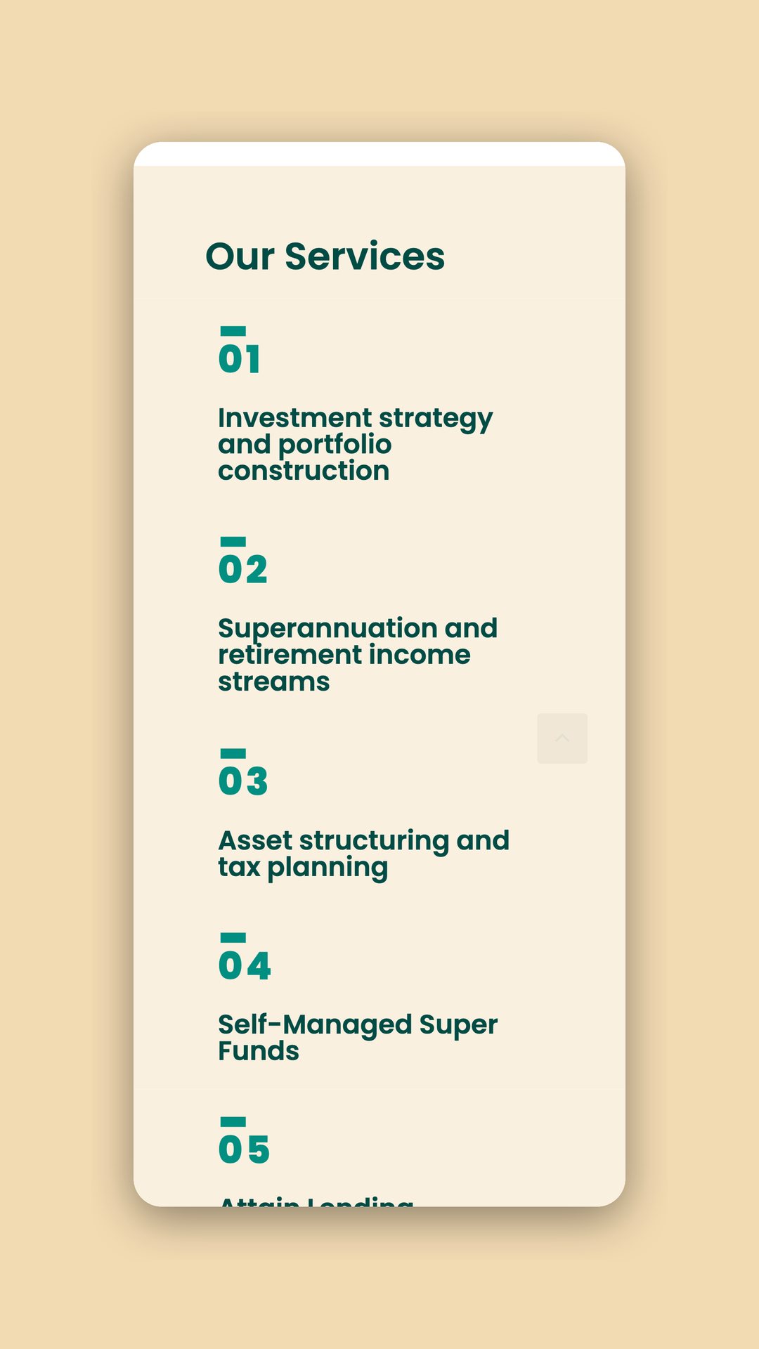 Mobile view of the Our Services list