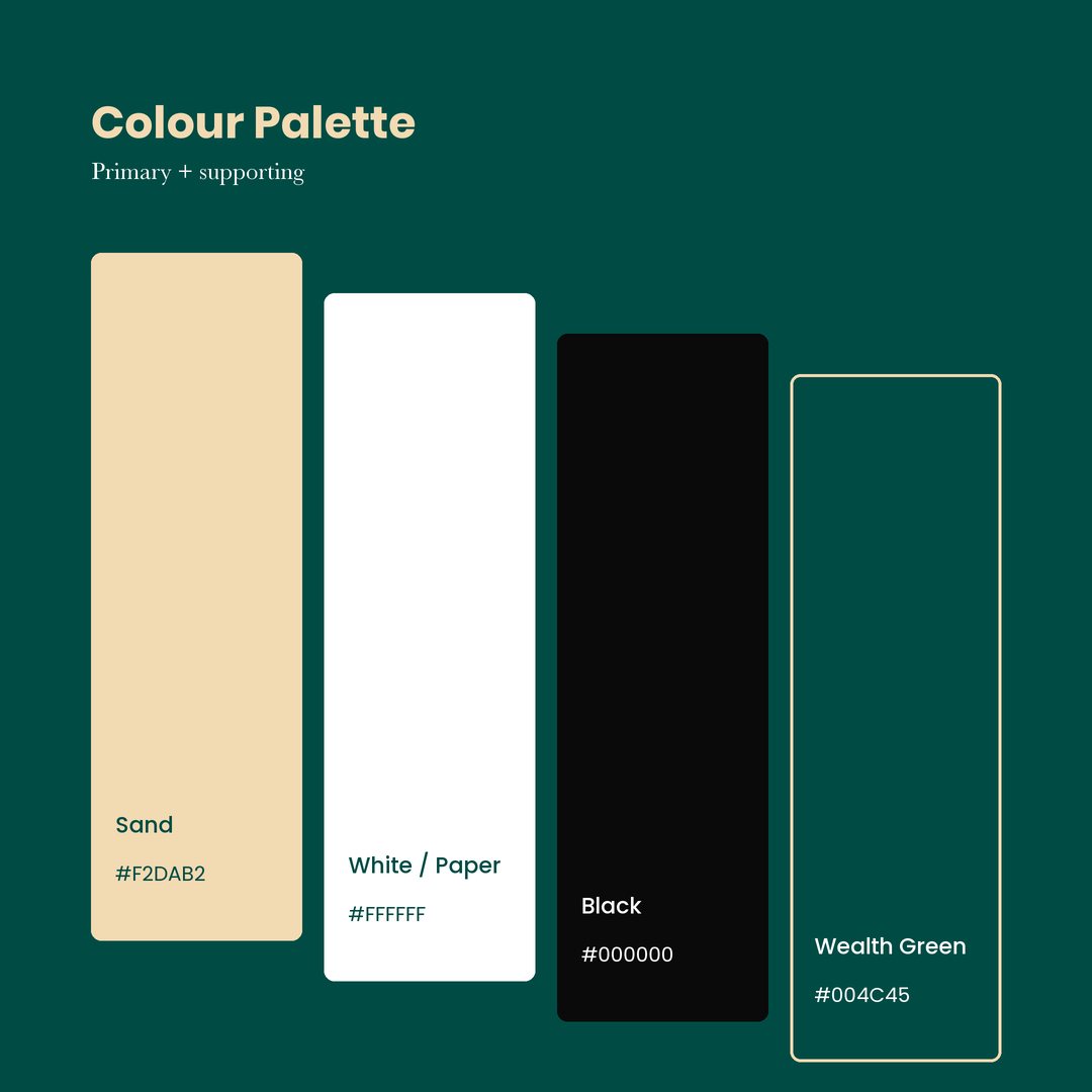 Colour palette of sand, white, black and Wealth Green