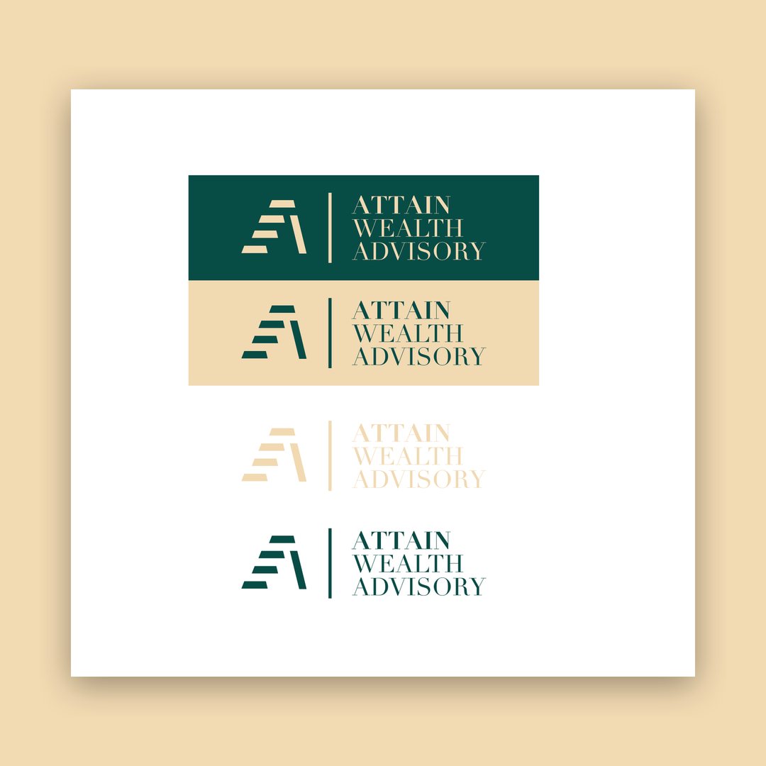 Attain Wealth Advisory logo in four colour versions on green, sand and white