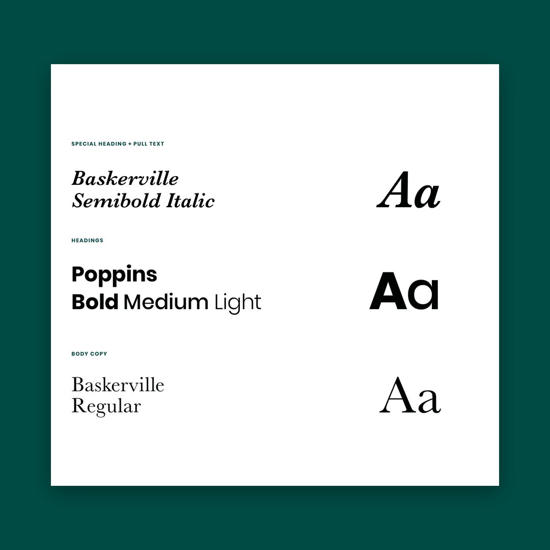 Typography sheet showing Baskerville and Poppins with sample text