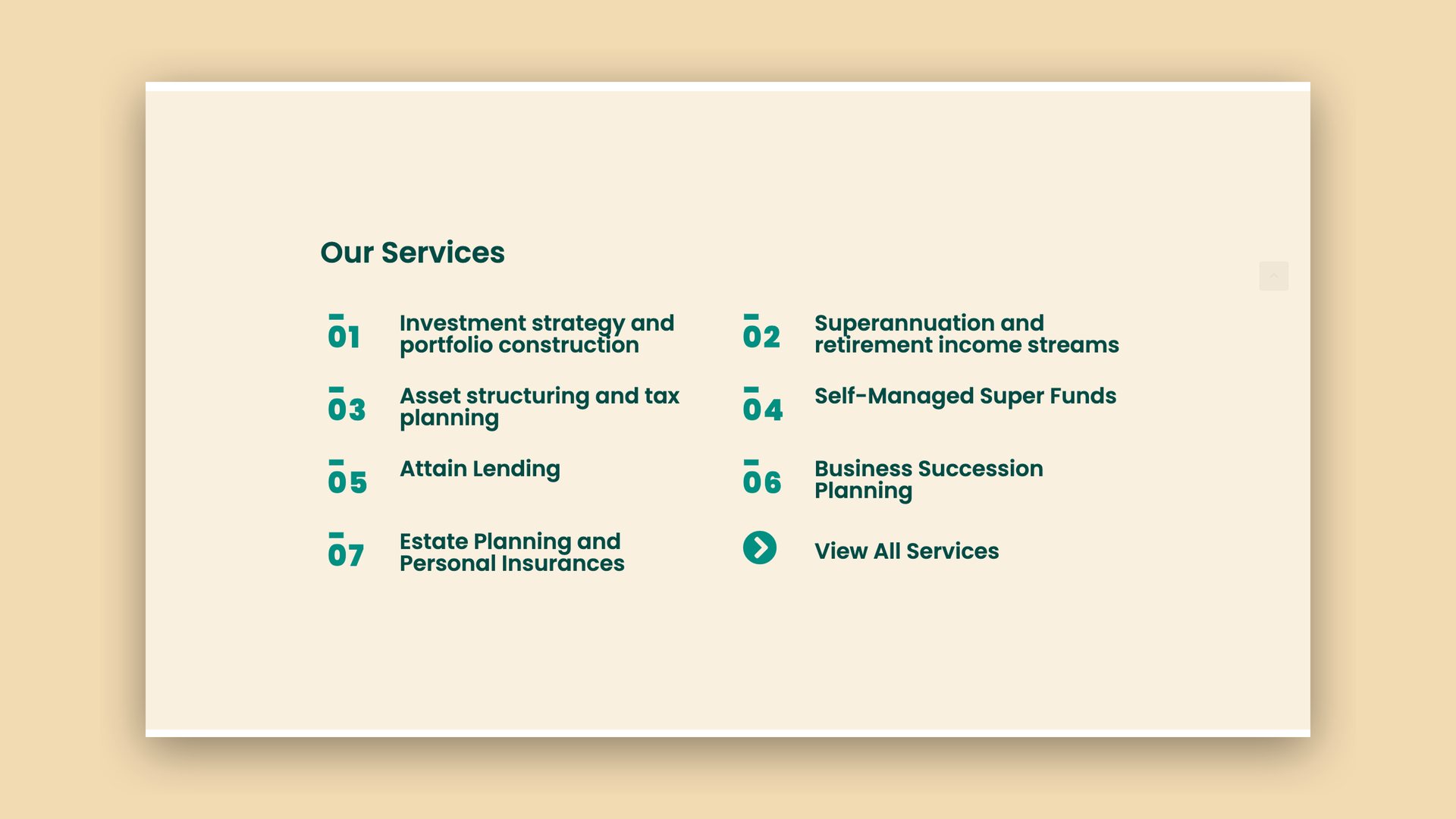 Website Our Services page listing seven services
