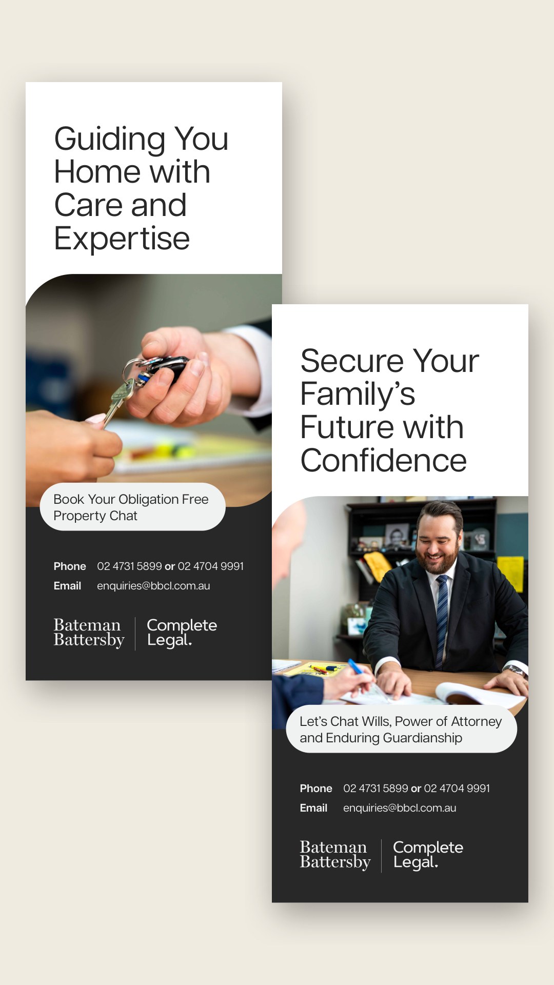 Two tall brochures with team photos and contact details for property and wills services