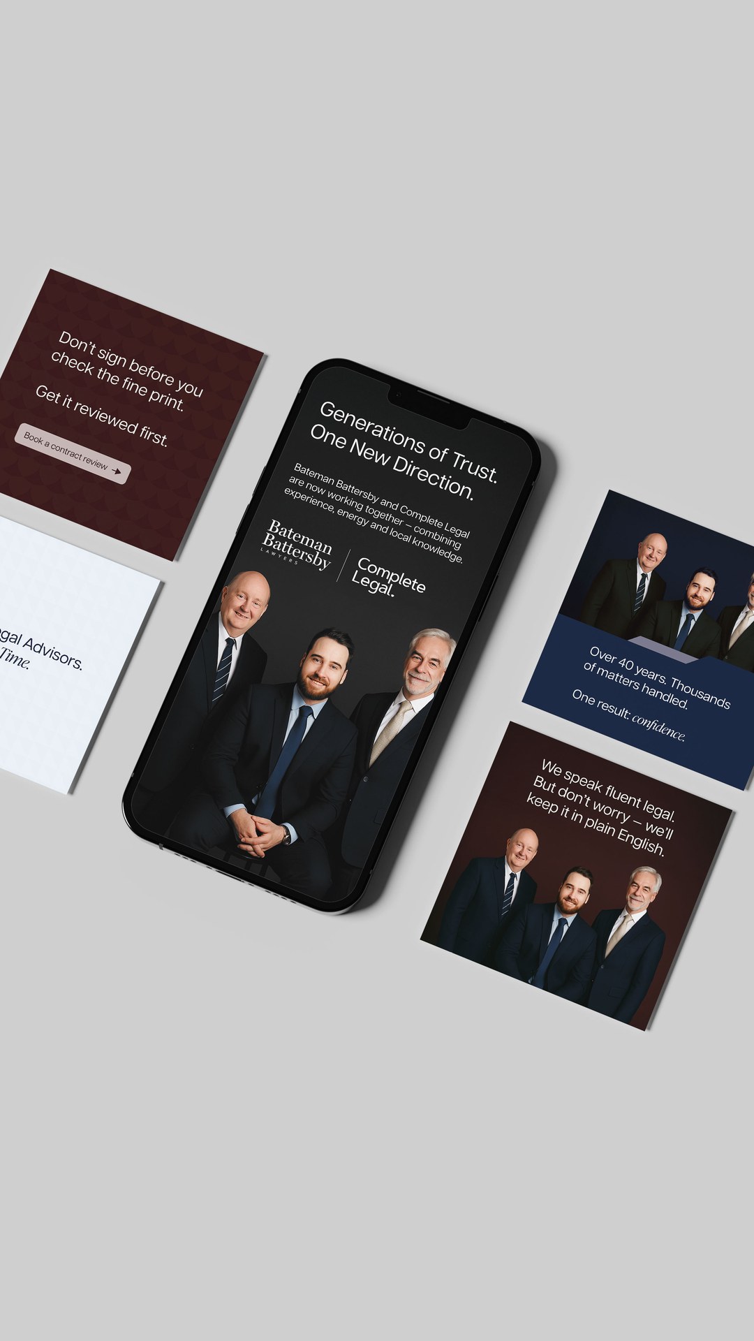 Social posts with team portraits and the line Generations of Trust. One New Direction.