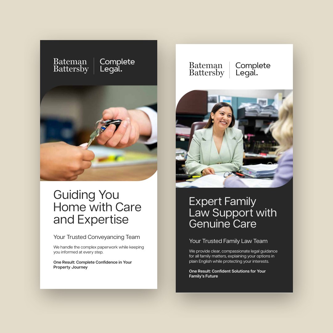 Two brochures, for conveyancing and family law, with the lock-up logo and staff photos
