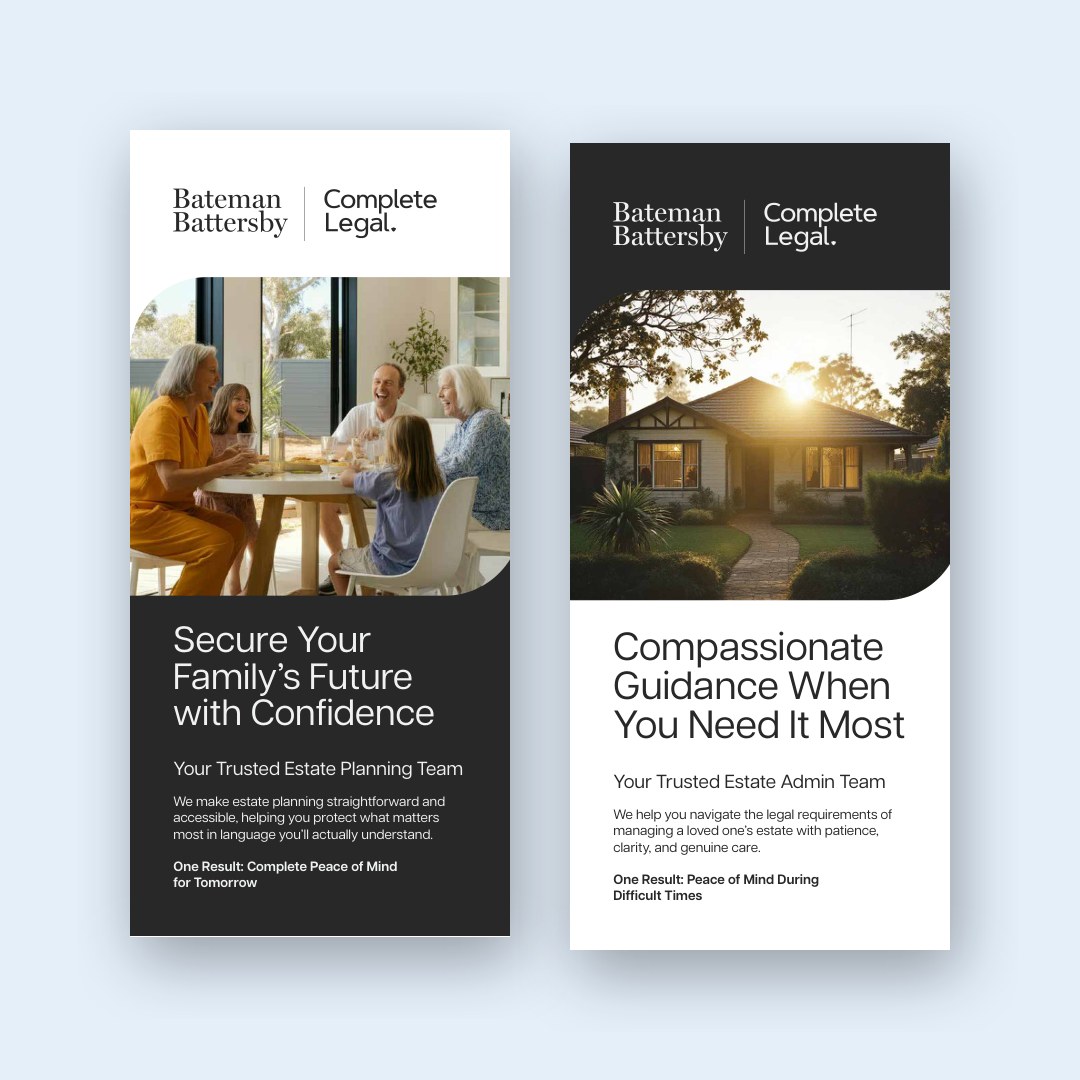 Two brochures, for estate planning and estate administration, with family and house photos