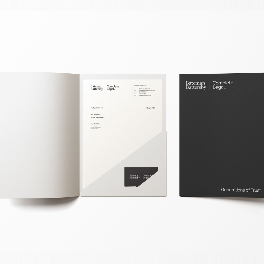 Letterhead and dark folders printed with the Bateman Battersby | Complete Legal logo