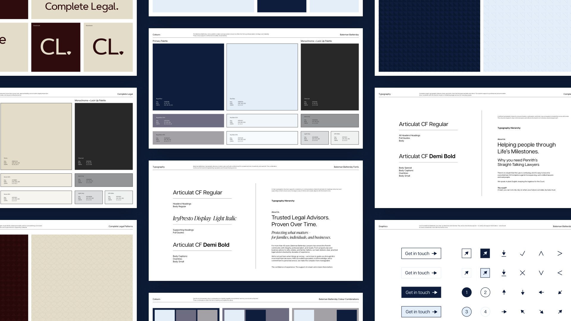 Brand guide spreads covering colours, typography, patterns and icons for both brands