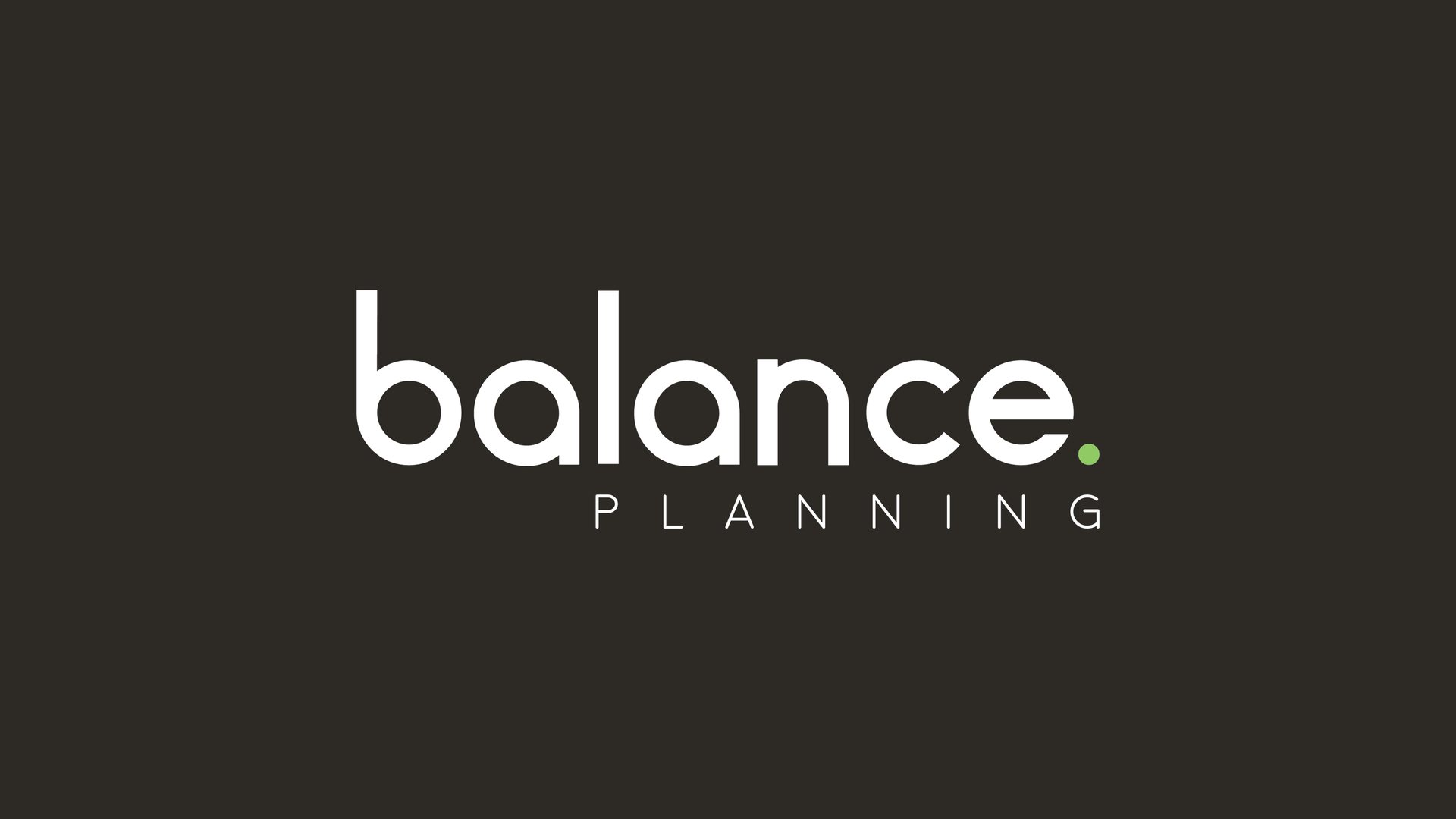 Balance Planning logo, a lowercase wordmark with a green full stop, in white on charcoal