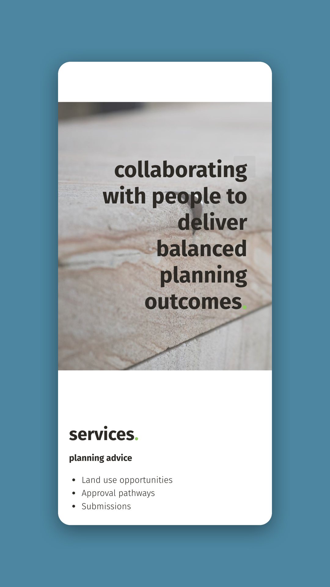 Mobile view of the services page with planning advice listed