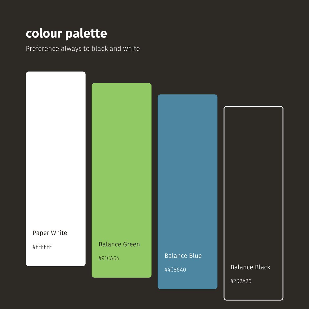Colour palette of Paper White, Balance Green, Balance Blue and Balance Black