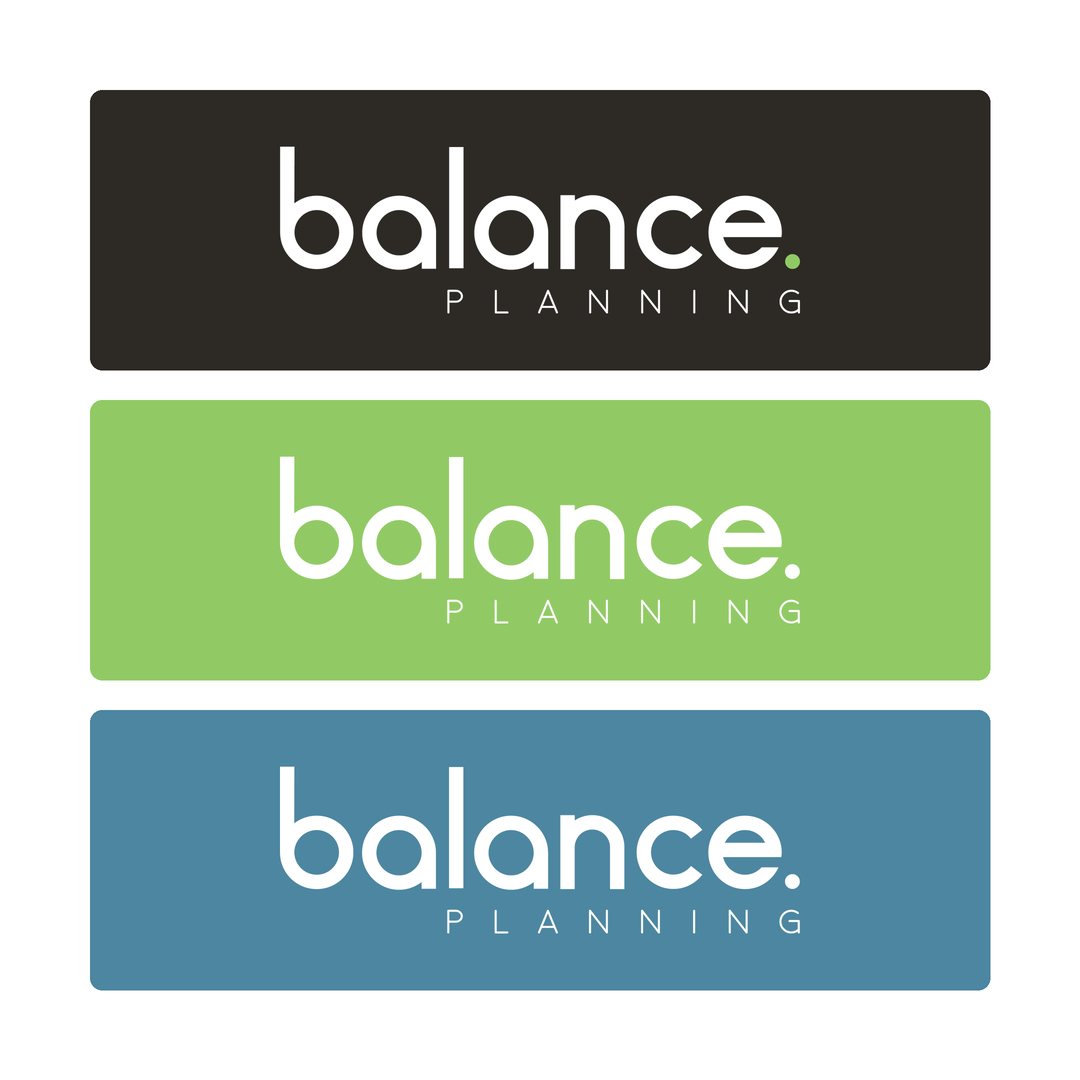 Balance Planning logo in three colourways on charcoal, green and blue