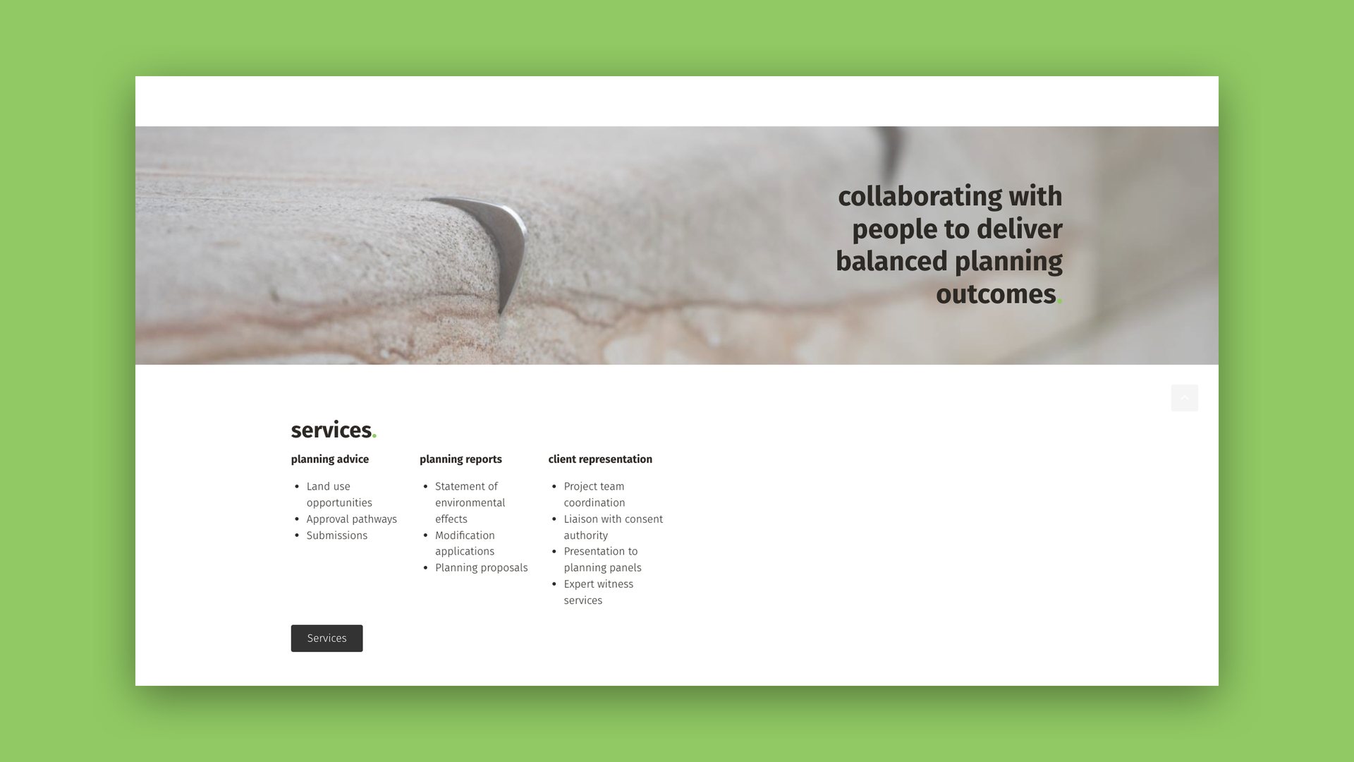 Website services page headed Collaborating with people to deliver balanced planning outcomes