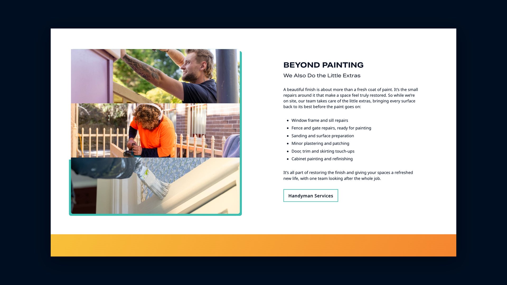 Website Beyond Painting page showing handyman and repair services