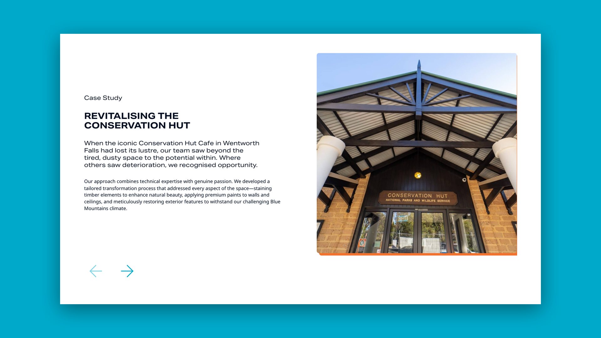 Website case study page, Revitalising the Conservation Hut, with a photo of the restored building