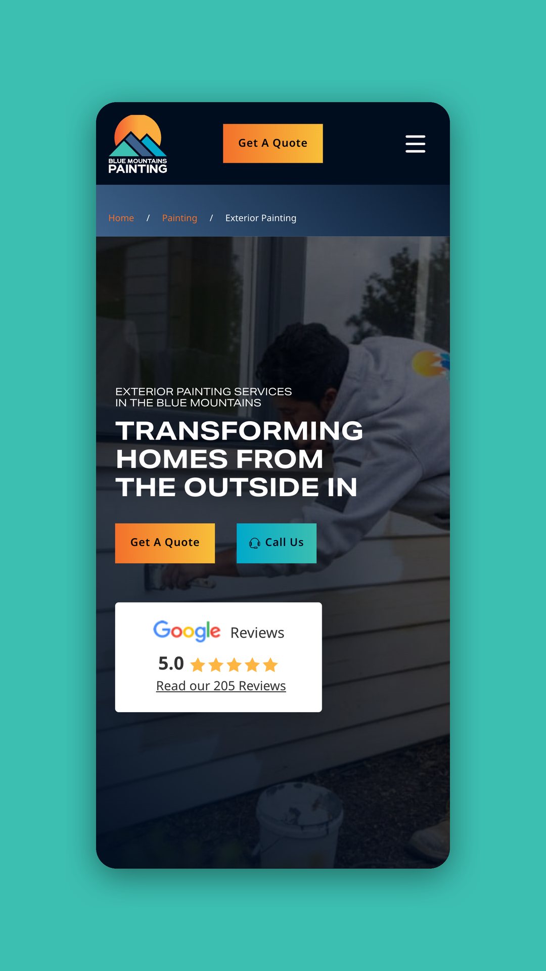 Mobile view of the exterior painting page, headed Transforming homes from the outside in, with a Google reviews badge