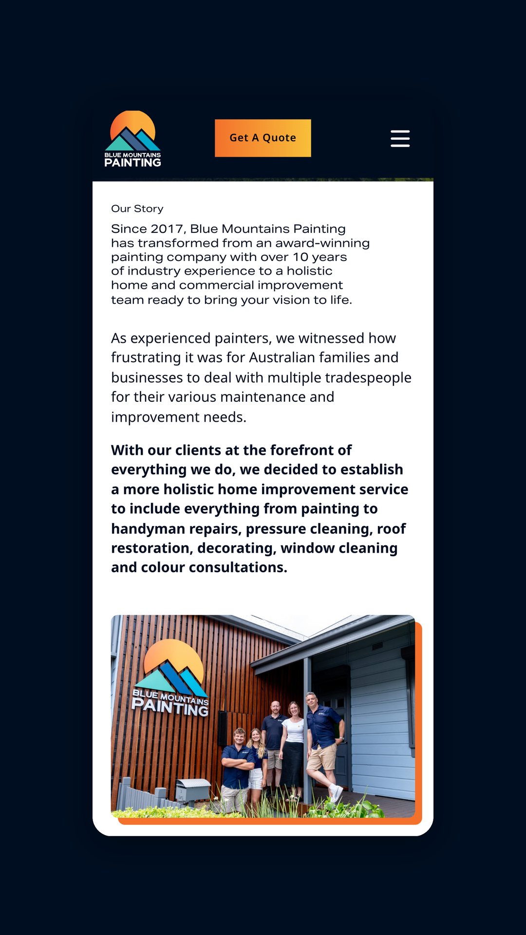 Mobile view of the Our Story page with the team photographed outside a house