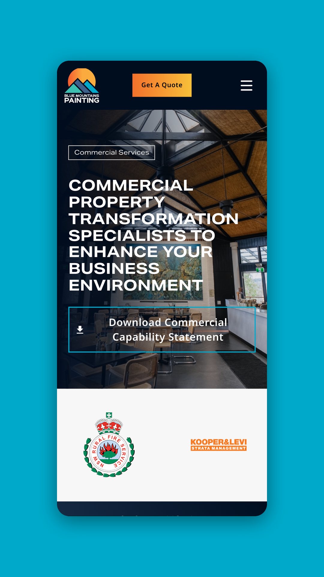 Mobile view of the commercial property page, with a download commercial capability statement button