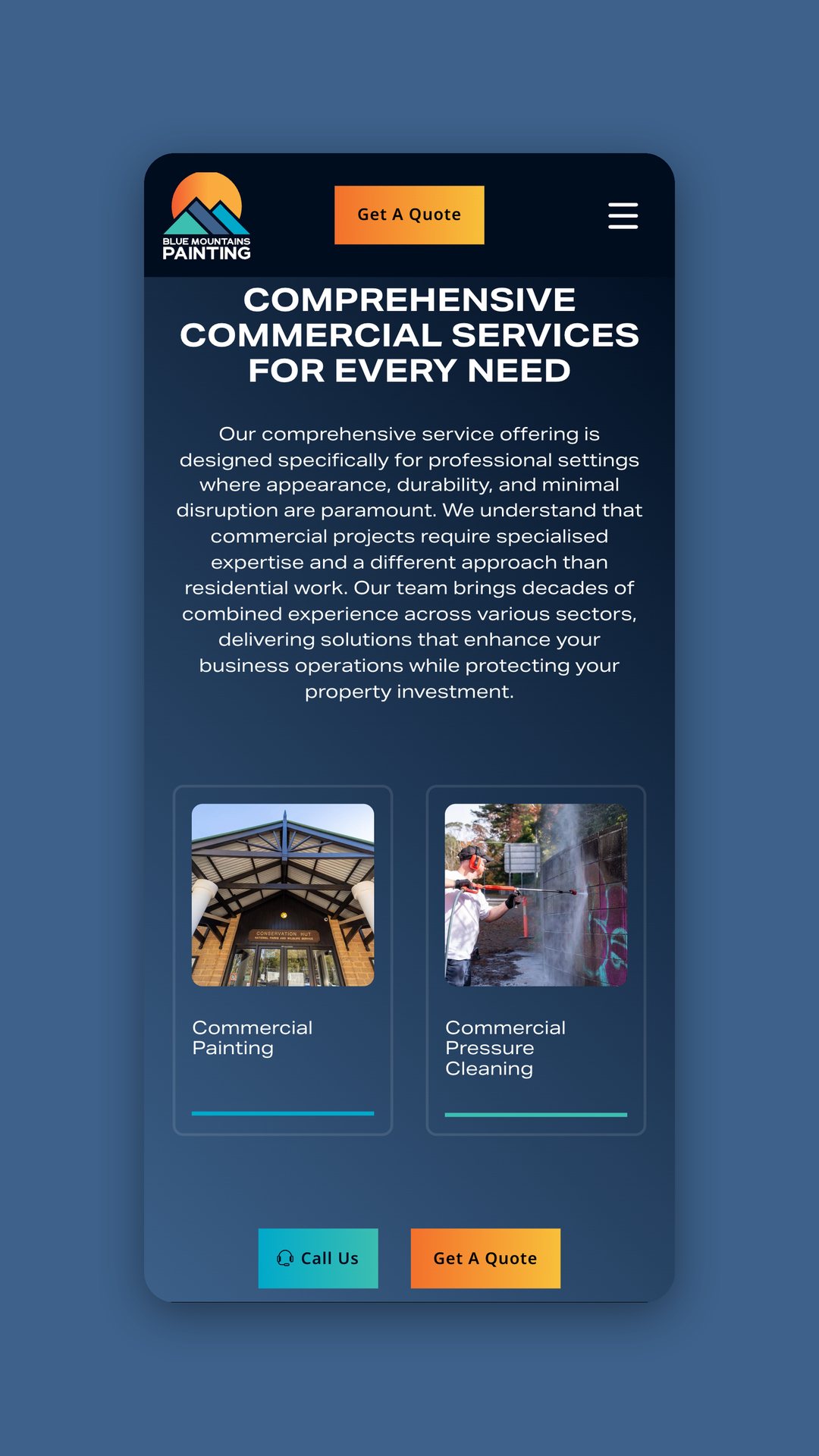 Mobile view of the commercial services page with commercial painting and pressure cleaning cards