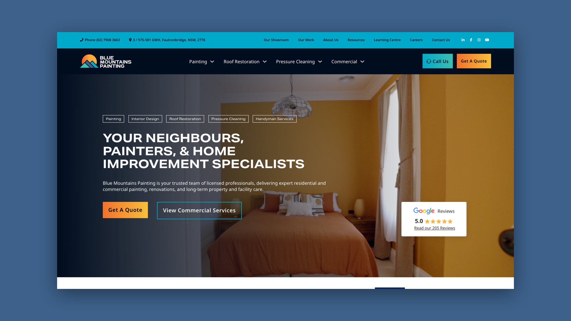 Website homepage on desktop, headed Your neighbours, painters and home improvement specialists
