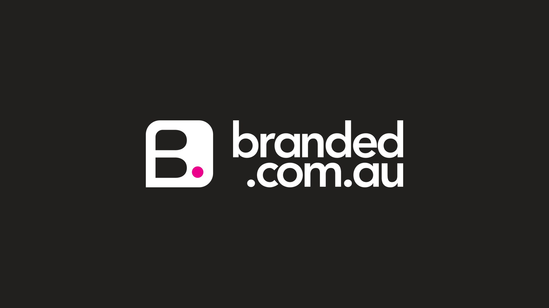 branded.com.au logo, a white B mark with a pink dot beside the wordmark, on black