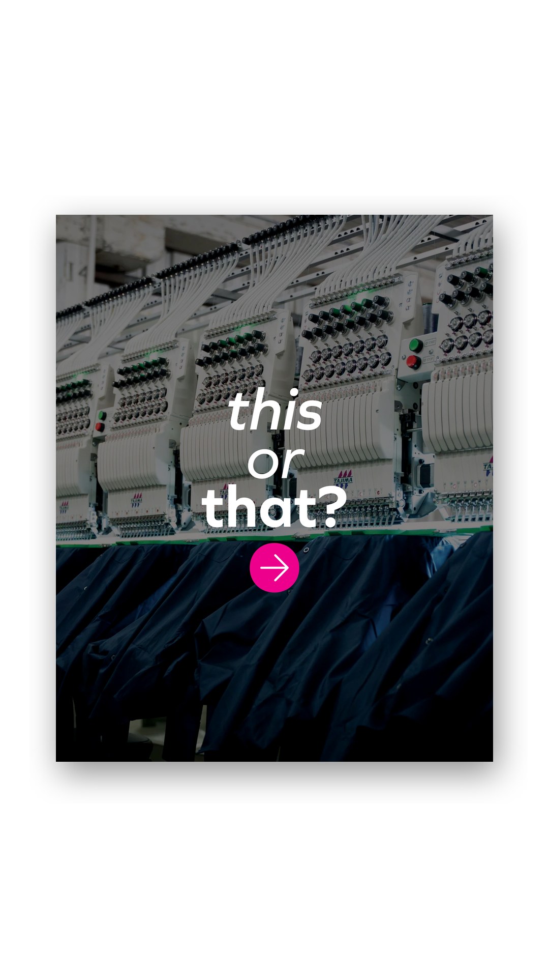 Social post showing an embroidery machine with the words this or that?