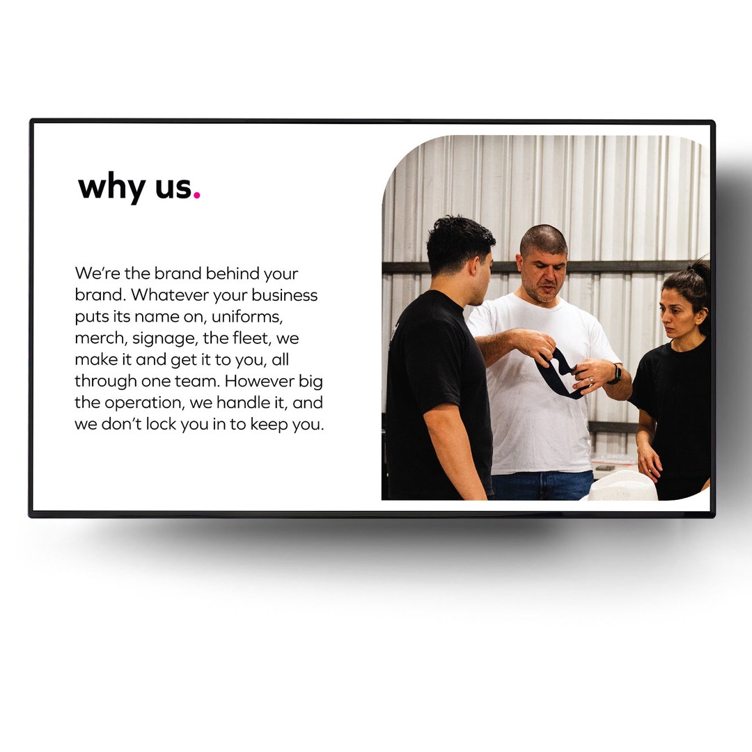 Why us slide with three team members examining a product in a workshop