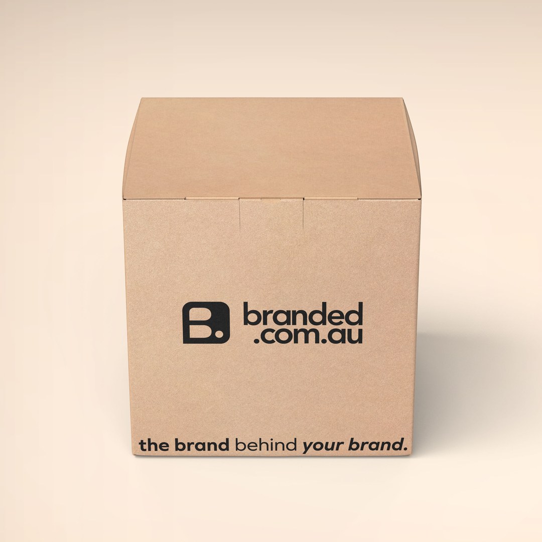 Cardboard box printed with the branded.com.au logo and the line The brand behind your brand