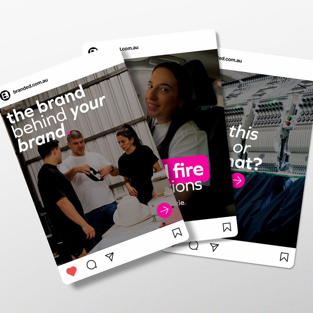 Three social posts using workshop and embroidery photography with the brand line