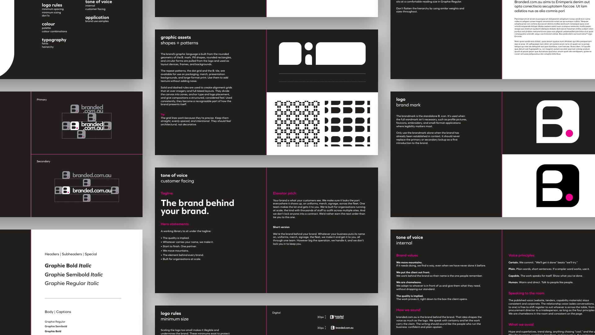 Brand guide spreads covering logo rules, shapes and patterns, tone of voice and typography