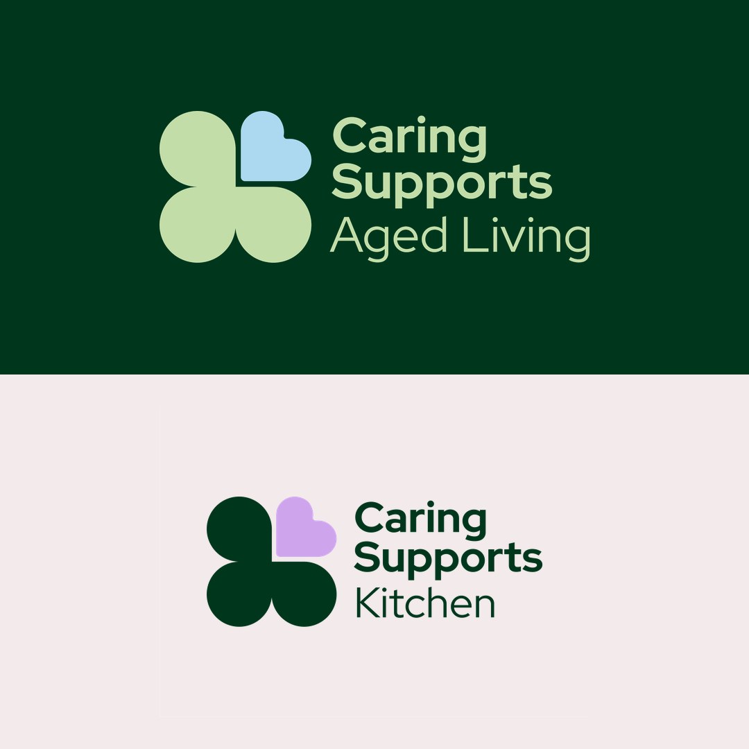 Aged Living and Kitchen sub-brand logos with a blue heart and a purple heart