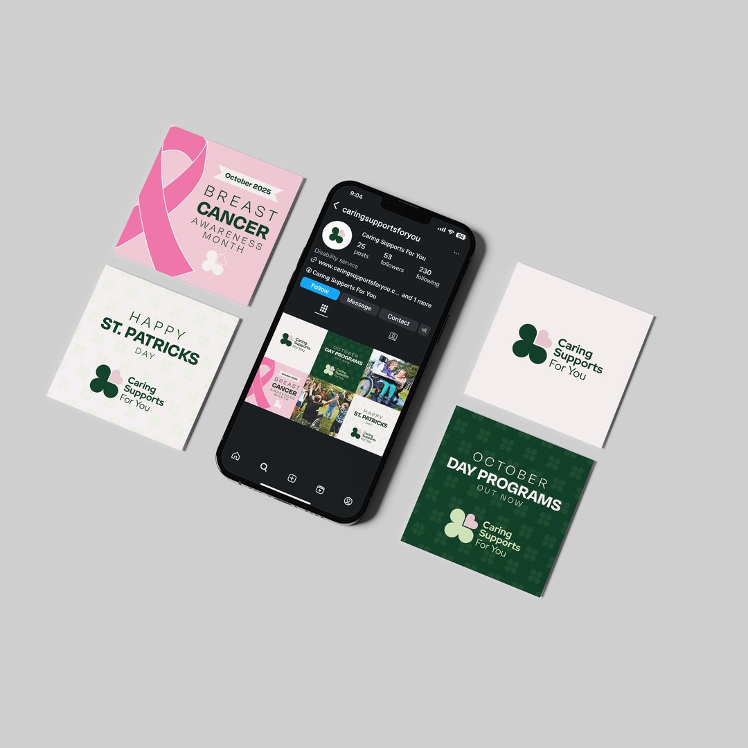 Social posts for Breast Cancer Awareness Month, St Patrick's Day and October day programs