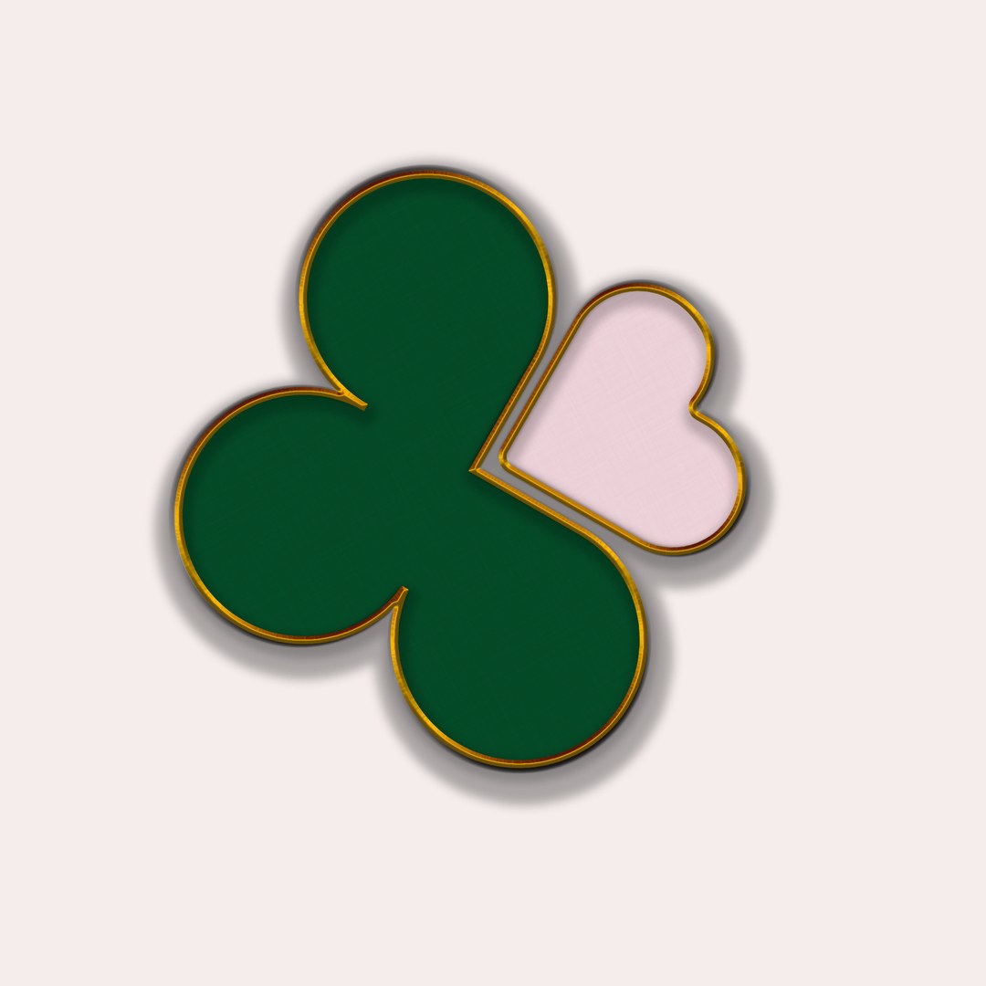 Clover mark as a dark green enamel pin with a pink heart