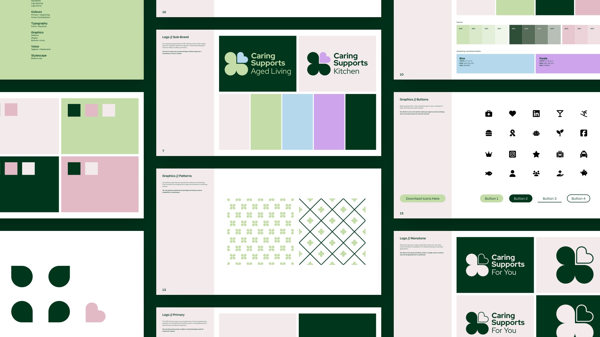 Brand guide spreads with sub-brand logos, colour palette, patterns and icons