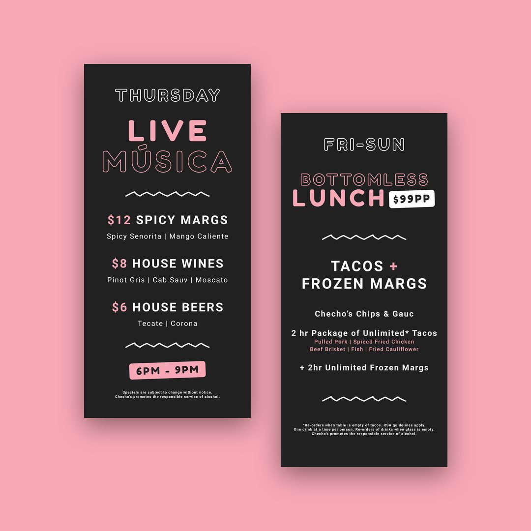 Checho’s black drinks boards for Live Música and a bottomless lunch