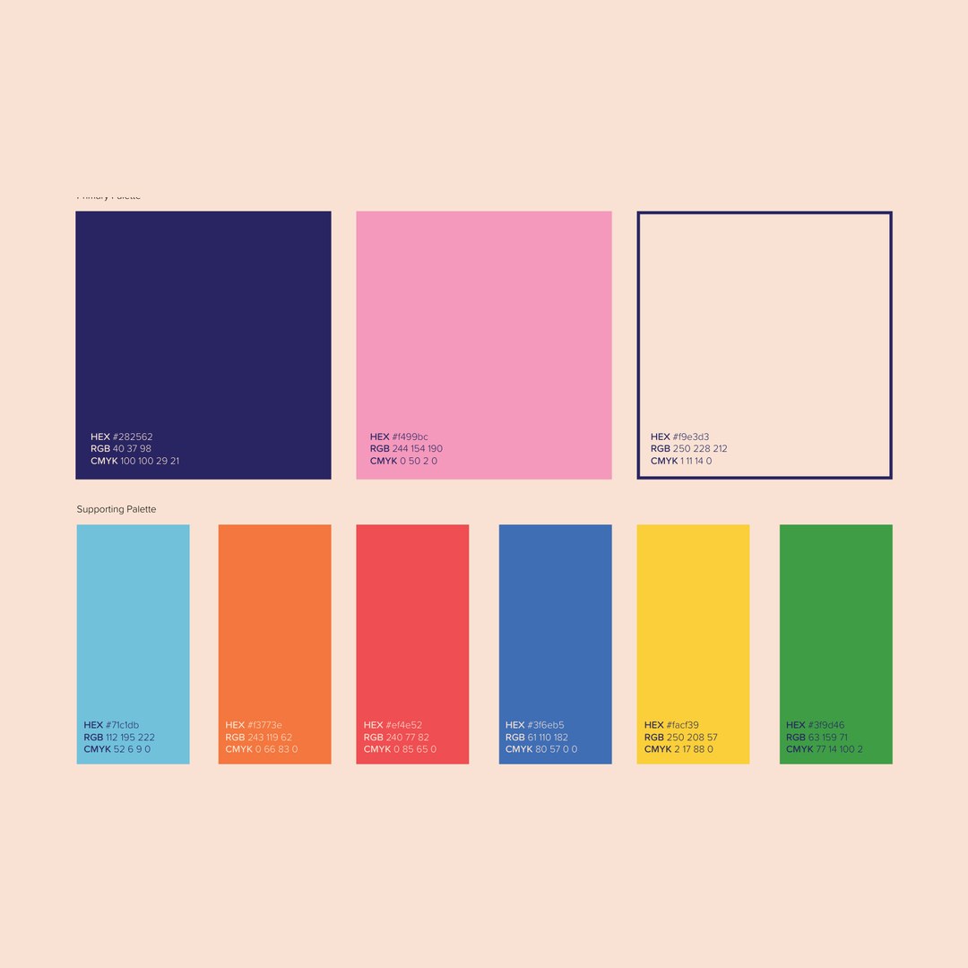 Colour palette of navy, pink and cream with six supporting colours