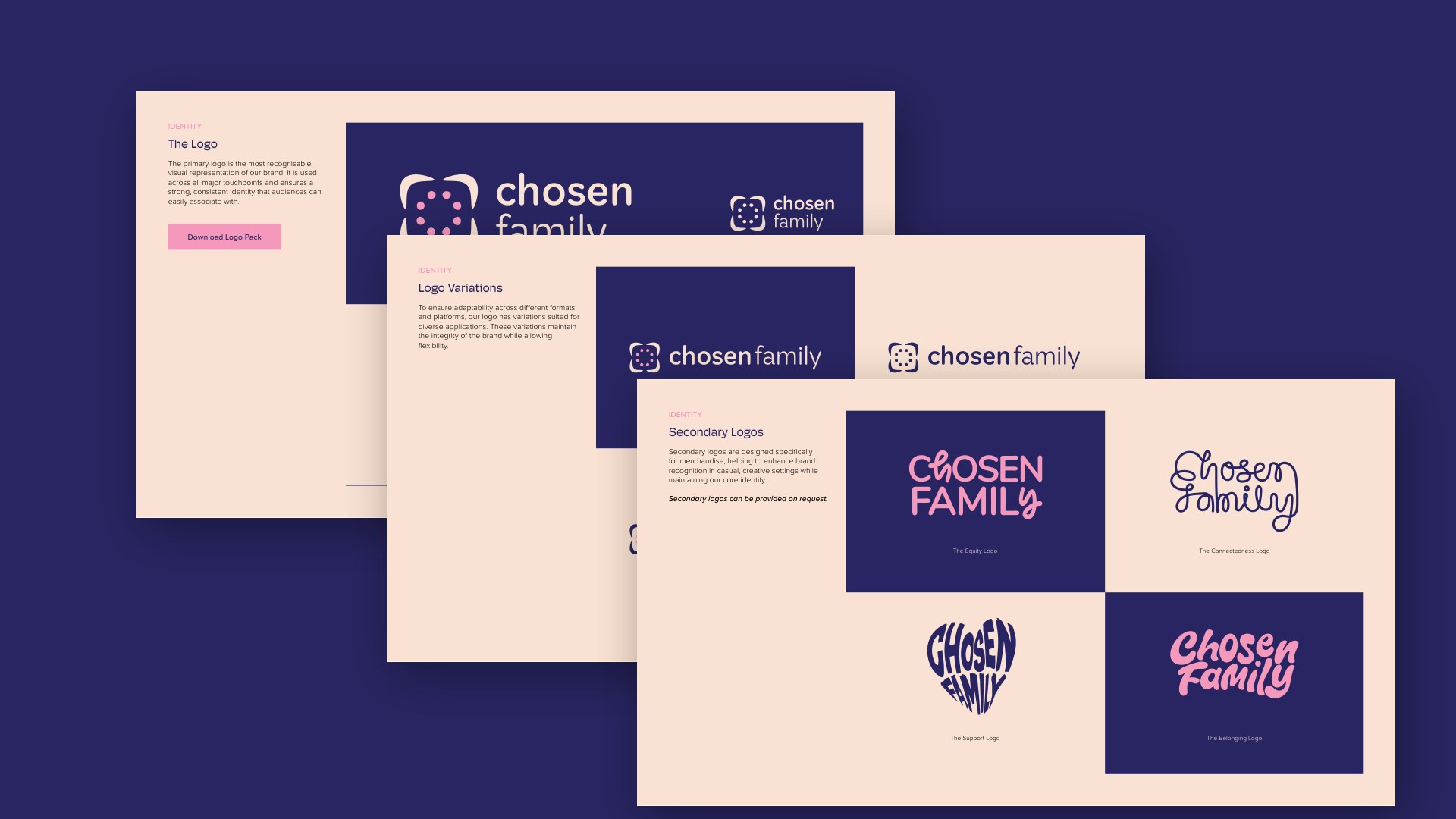 Brand guide pages on navy showing primary and secondary logos