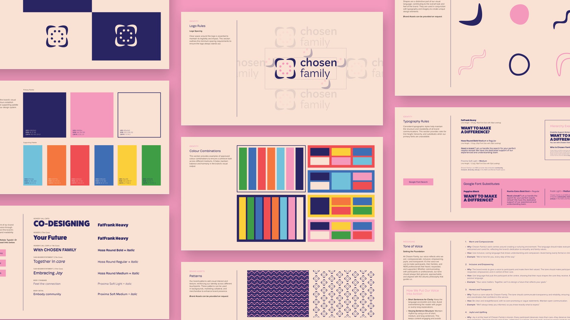 Brand guide spreads with logo rules, palette, typography and tone of voice