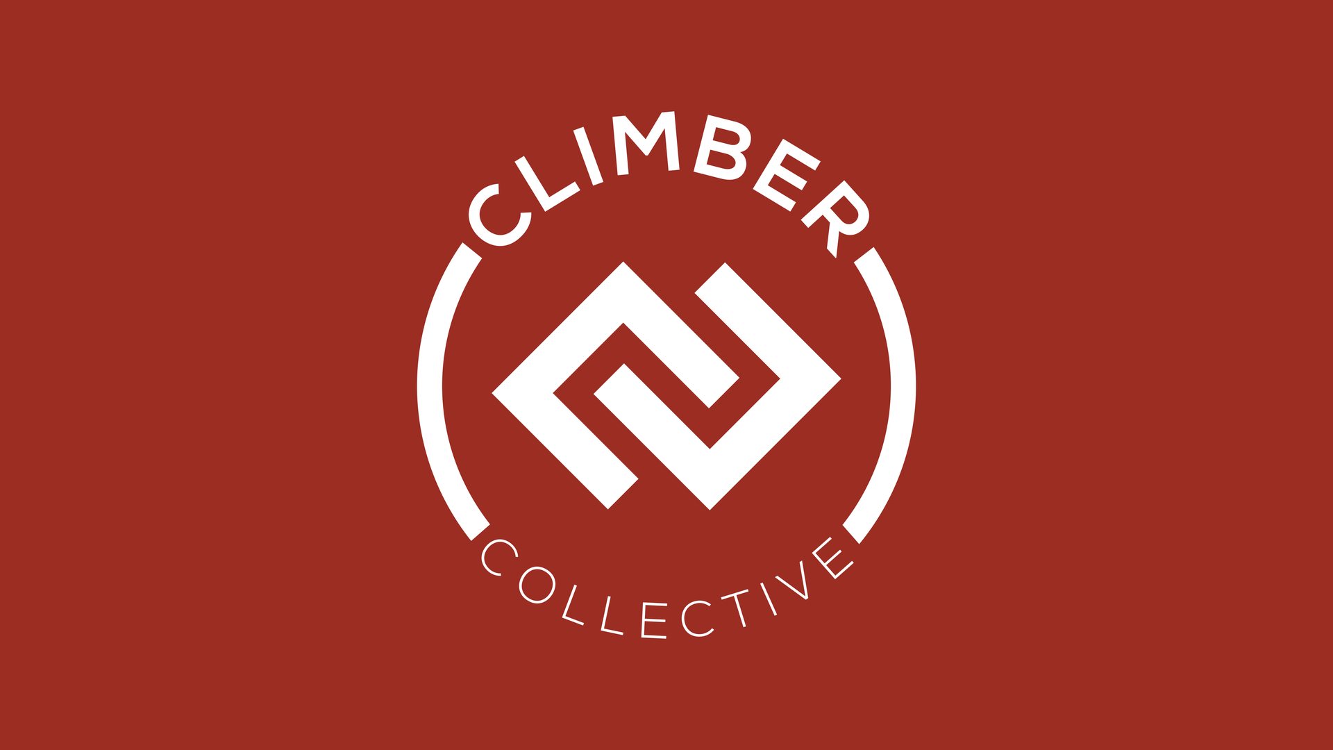 Climber Collective circular wordmark with a diamond monogram, in white on red