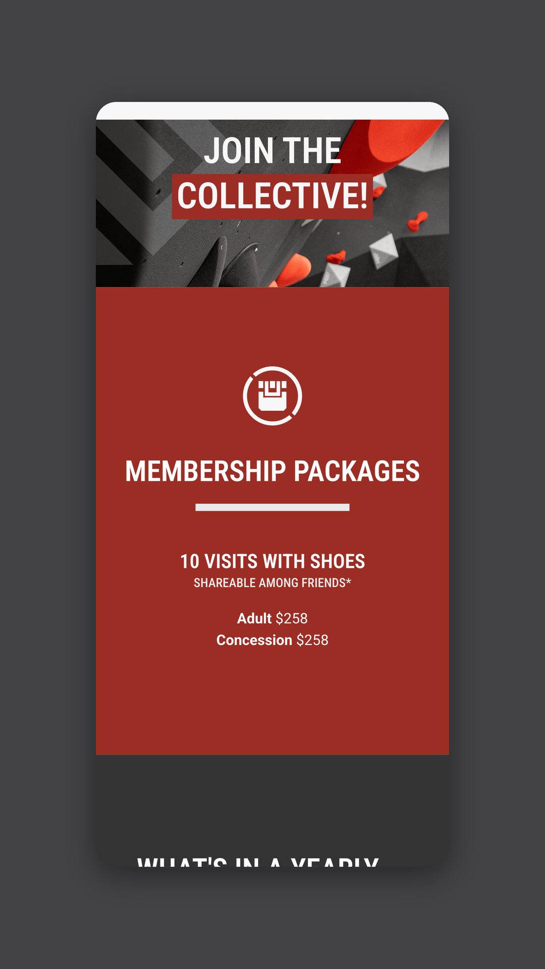 Mobile view of the membership packages page headed Join the Collective
