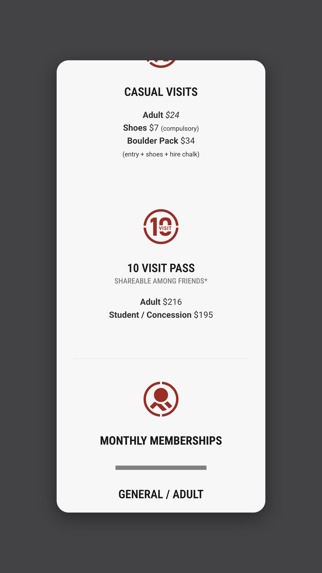 Mobile view of the prices page with casual visits, a ten visit pass and monthly memberships