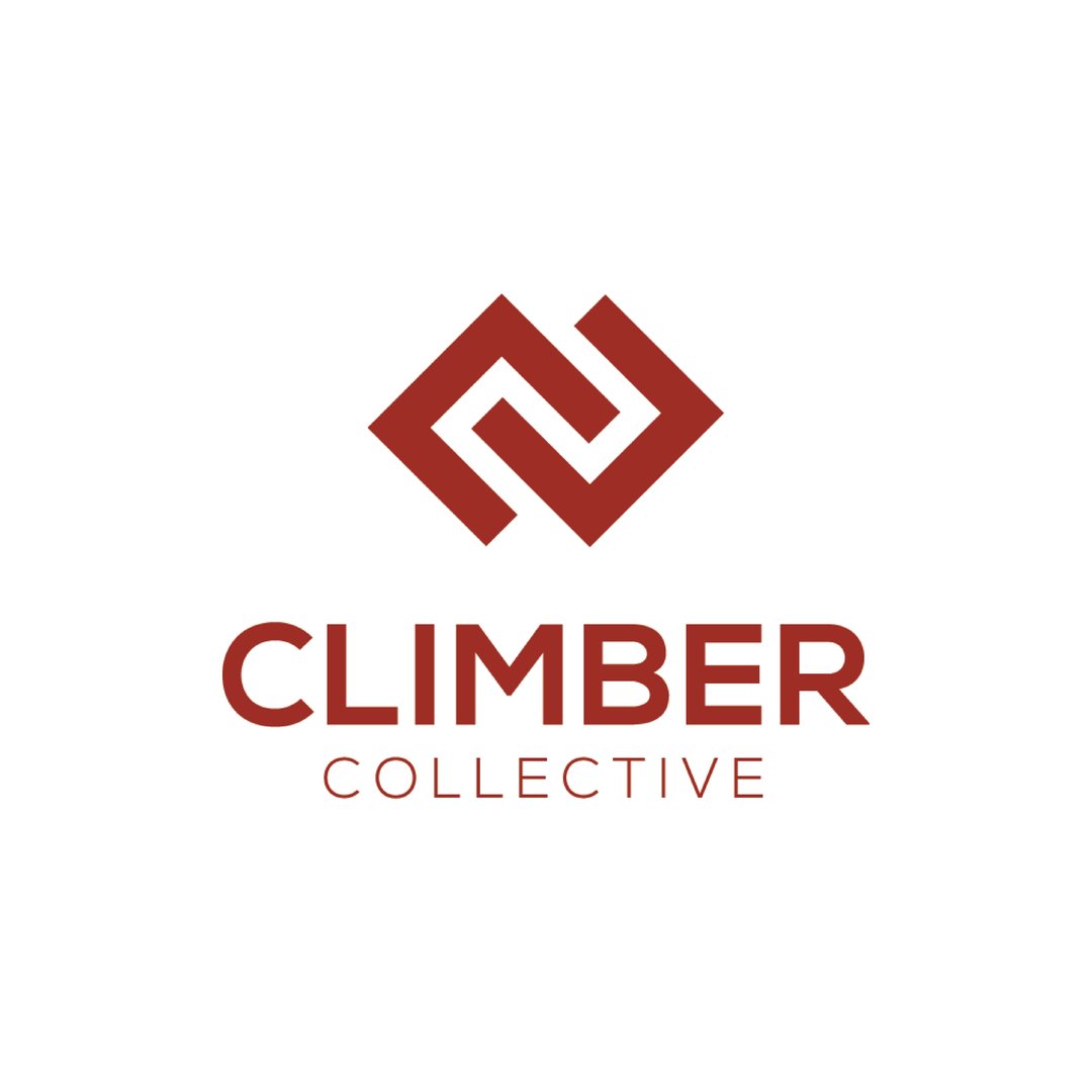 Climber Collective logo with the diamond monogram above the wordmark, in red on white