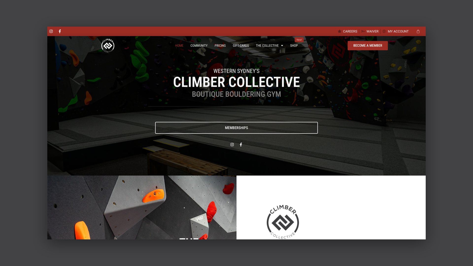 Website homepage headed Climber Collective, boutique bouldering gym, over a photo of coloured holds