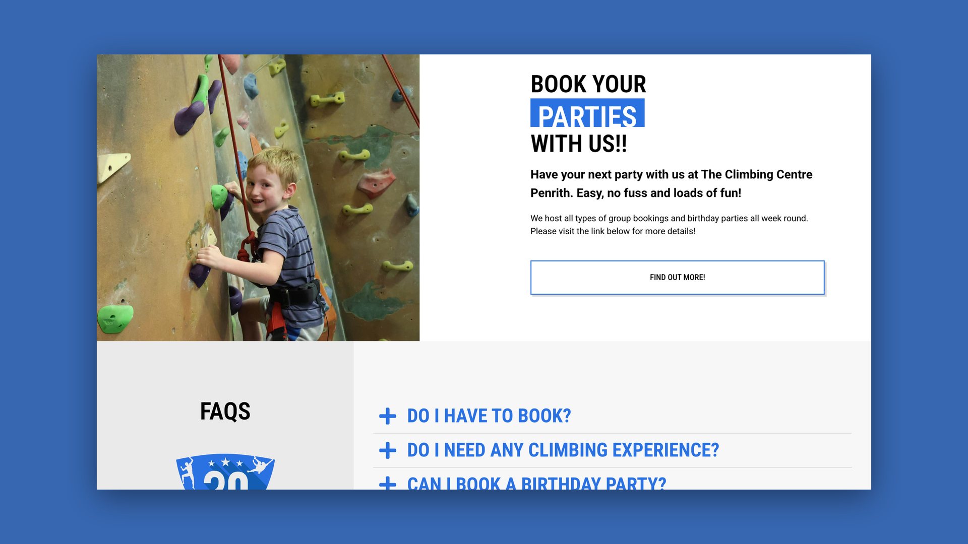 Website birthday parties section with an FAQ list