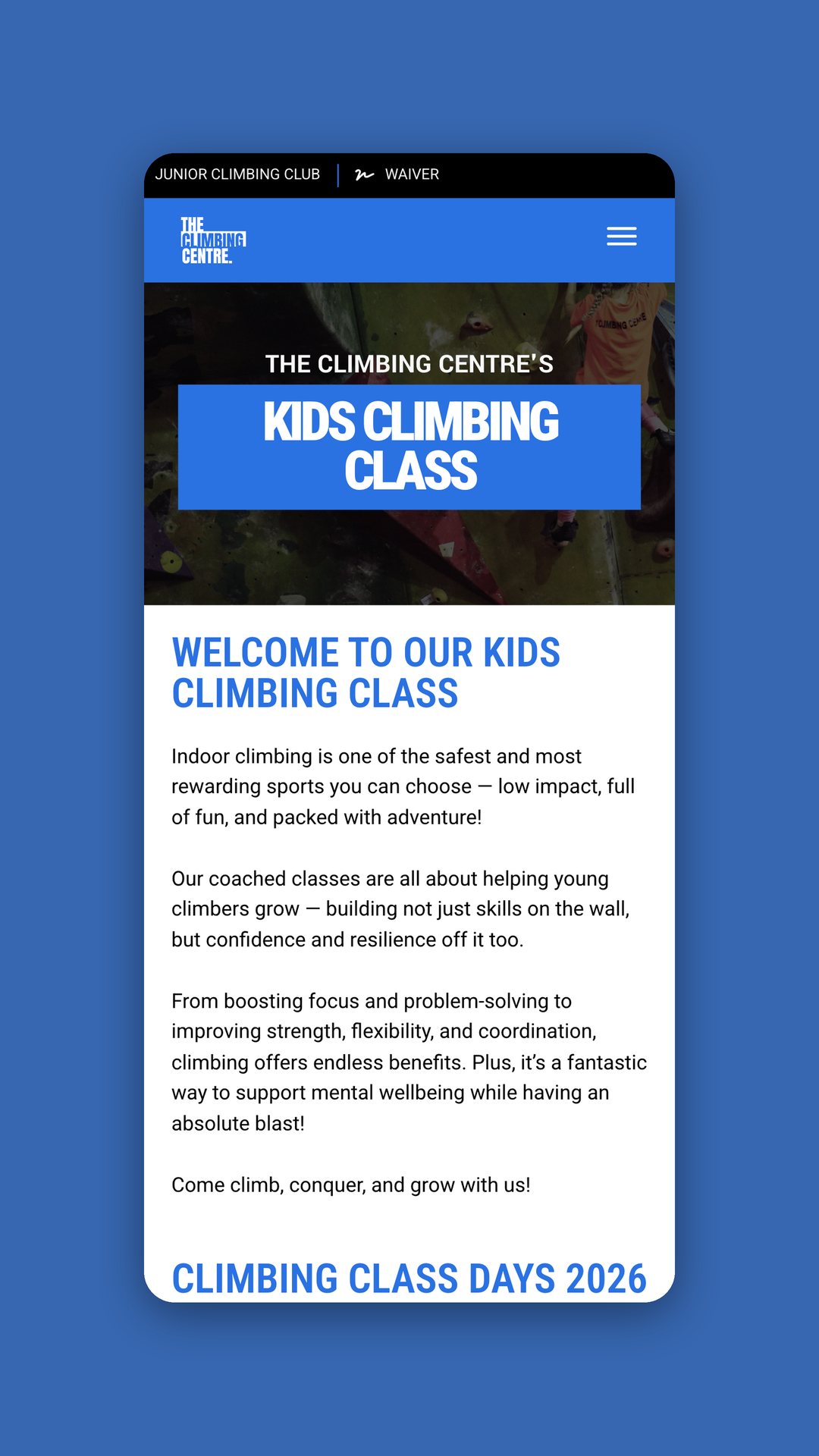 Mobile view of the kids climbing class page