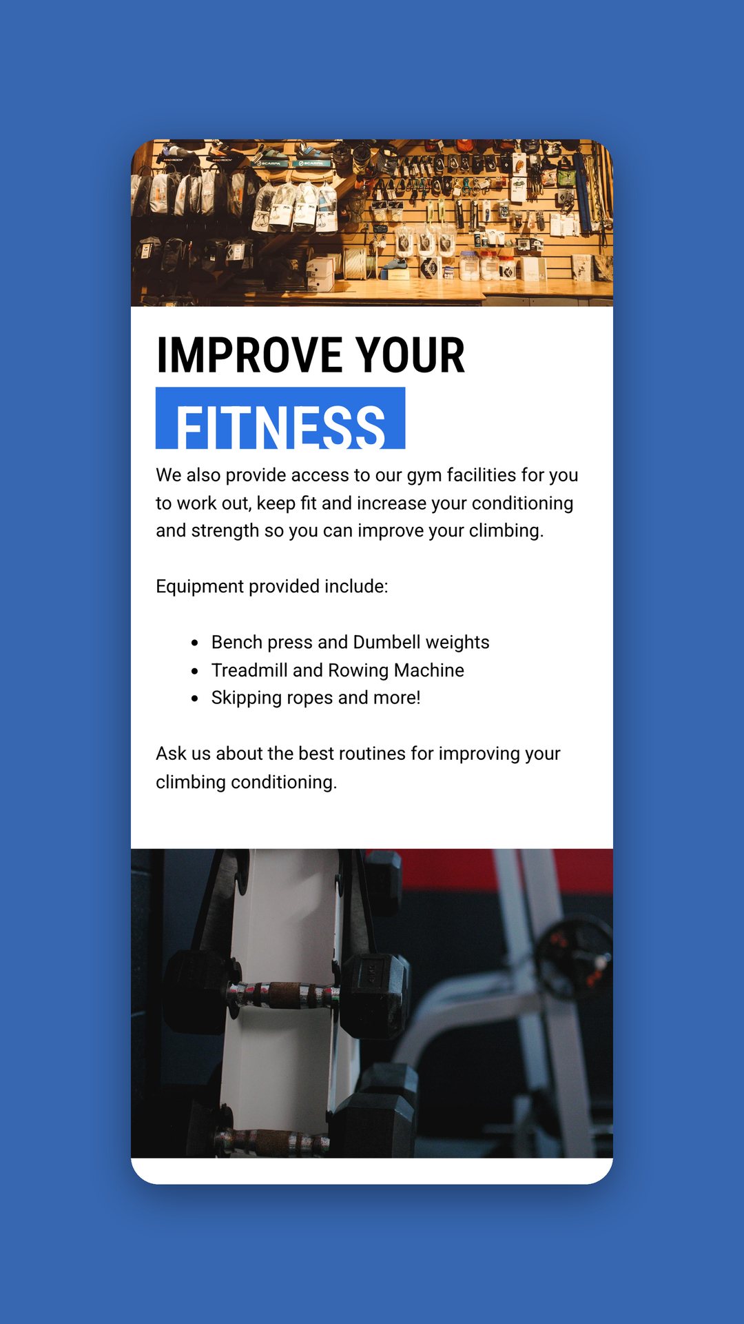 Mobile view of the fitness page listing weights and a rowing machine