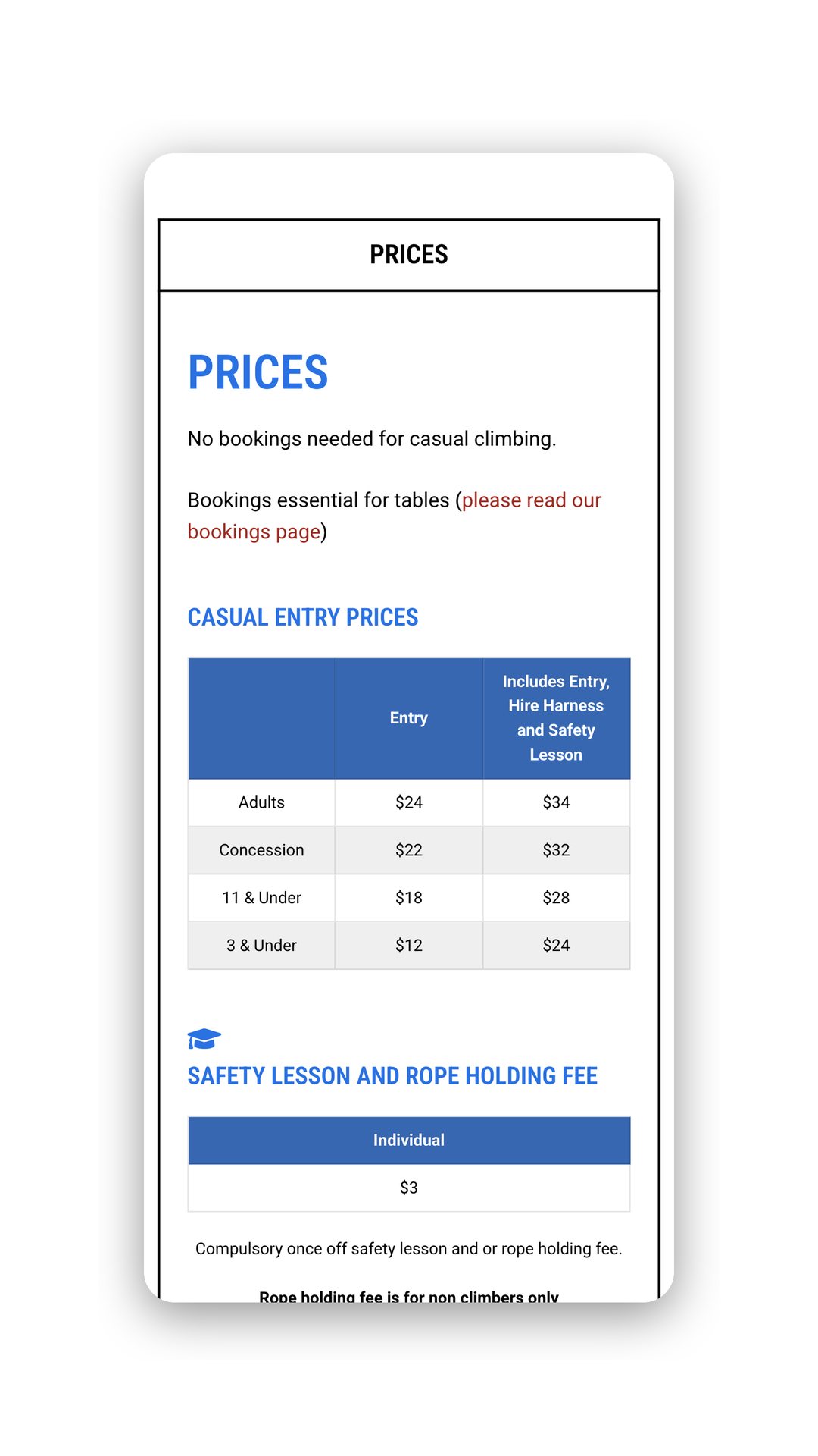 Mobile view of the prices page with a casual entry price table