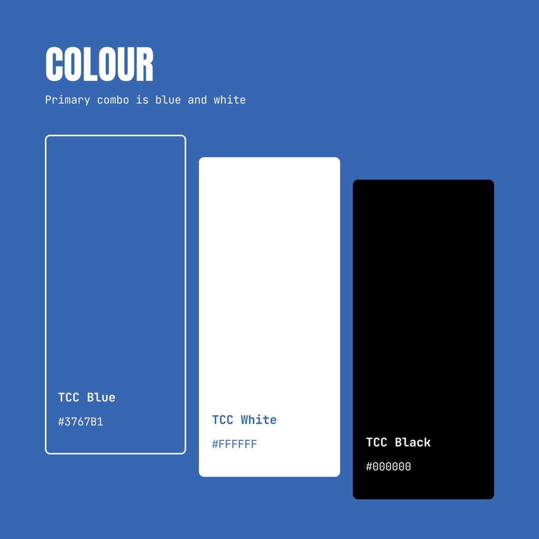 Colour palette of TCC Blue, TCC White and TCC Black