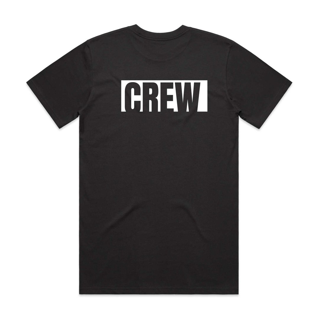 Black T-shirt printed with CREW in white block letters